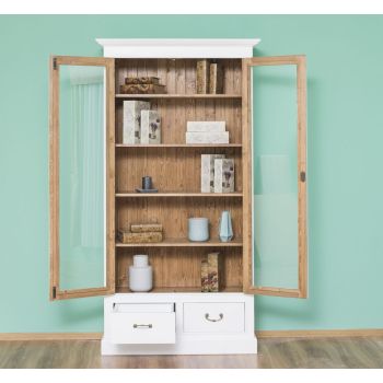 Vitrina cu 2 usi mari, 2 sertare, Stejar Maro Închis, Antichizat, 109x39x210cm