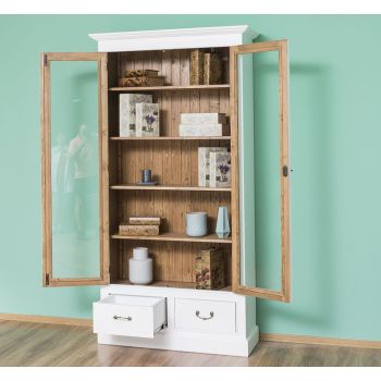 Vitrina cu 2 usi mari, 2 sertare, Stejar Maro Închis, Antichizat, 109x39x210cm