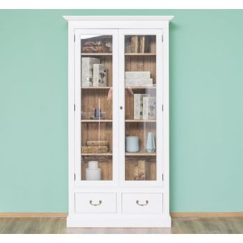 Vitrina cu 2 usi mari, 2 sertare, Stejar Maro Închis, Antichizat, 109x39x210cm
