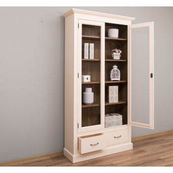 Vitrina cu 2 usi mari, 2 sertare, Crem Vanilie, Antichizat, 109x39x210cm