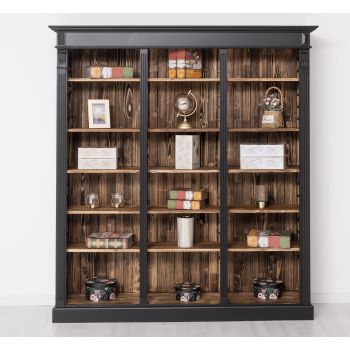 Biblioteca tripla, Negru Mat, Lemn masiv, Antichizat, 180x39x197cm