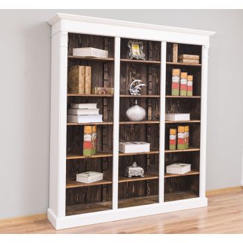 Biblioteca tripla, Alb Vintage, Lemn masiv, Antichizat, 180x39x197cm