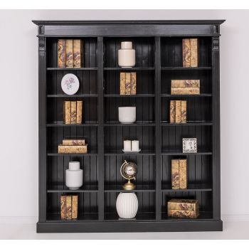 Biblioteca tripla, Negru Lucios, Lemn masiv, Antichizat, 180x39x197cm