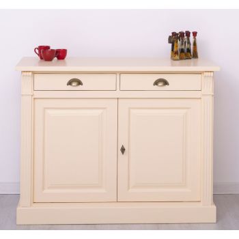 Bufet Bucatarie cu 2 usi, 2 sertare, Crem Vanilie, Lemn masiv, Periat, Vintage 116x51x90cm