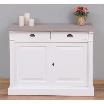 Bufet Bucatarie cu 2 usi, 2 sertare, Alb Vintage, Lemn masiv, Periat, Vintage 116x51x90cm