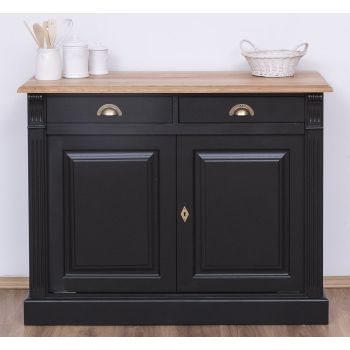 Bufet Bucatarie cu 2 usi, 2 sertare, Negru Mat, Lemn masiv, Periat, Vintage 116x51x90cm