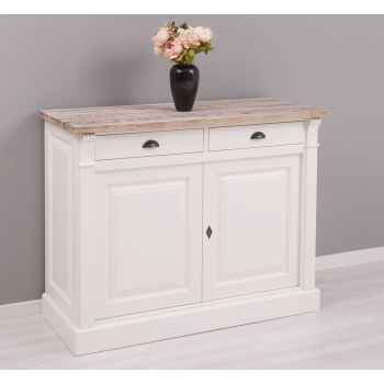 Bufet Bucatarie cu 2 usi, 2 sertare, Alb Vintage, Lemn masiv, Periat, Vintage 116x51x90cm