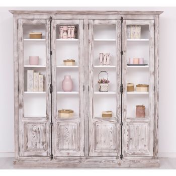 Vitrina dubla cu 4 usi, Alb Pur, Lemn masiv, vopsit, 205x40x210cm