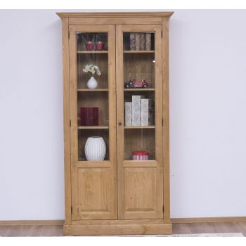 Vitrina cu 2 usi, Nuc Mediu, Lemn masiv, 2 Straturi de culori Antichizat, 110x40x210cm