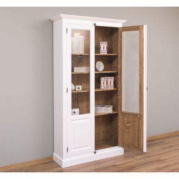 Vitrina cu 2 usi, Stejar Maro Închis, Lemn masiv, 2 Straturi de culori Antichizat, 110x40x210cm