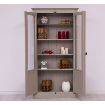 Vitrina cu 2 usi, Gri Deschis Clasic, Lemn masiv, 2 Straturi de culori Antichizat, 110x40x210cm
