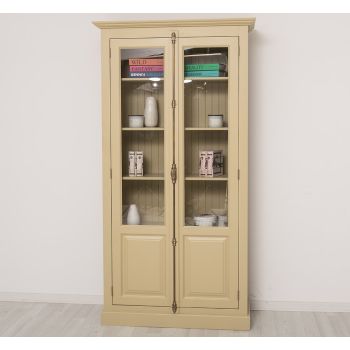 Vitrina cu 2 usi, Gri Deschis Cald, Lemn masiv, 2 Straturi de culori Antichizat, 110x40x210cm