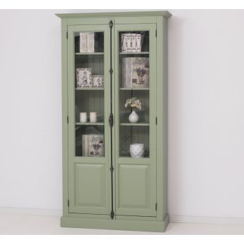 Vitrina cu 2 usi, Verde Măsliniu, Lemn masiv, 2 Straturi de culori Antichizat, 110x40x210cm