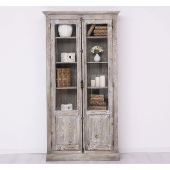 Vitrina cu 2 usi, Pin Natural Alb, Lemn masiv, 2 Straturi de culori Antichizat, 110x40x210cm