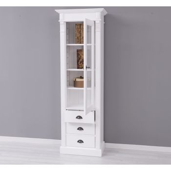 Dulap cu 1 usa sticla, 3 sertare, Alb Pur, Lemn masiv, vopsit, 65x39x200cm
