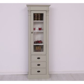 Dulap cu 1 usa sticla, 3 sertare, Alb Vintage, Lemn masiv, vopsit, 65x39x200cm