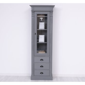 Dulap cu 1 usa sticla, 3 sertare, Gri Bej Închis, Lemn masiv, vopsit, 65x39x200cm