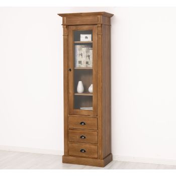 Dulap cu 1 usa sticla, 3 sertare, Stejar Tabac, Lemn masiv, vopsit, 65x39x200cm