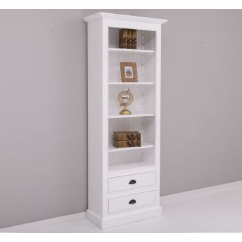 Biblioteca cu 2 sertare, Alb Pur, Lemn masiv, 2 Straturi de culori Antichizat, 78x39x210cm