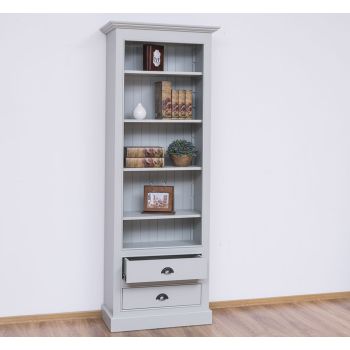 Biblioteca cu 2 sertare, Gri Mediu Cald, Lemn masiv, 2 Straturi de culori Antichizat, 78x39x210cm