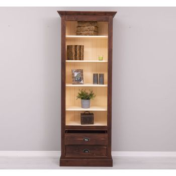 Biblioteca cu 2 sertare, Crem Vanilie, Lemn masiv, 2 Straturi de culori Antichizat, 78x39x210cm