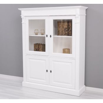 Dulap cu 2 usi + 2 usi sticla, Alb Pur, Lemn masiv, Finisaj ceara, 130x39x160cm