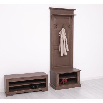 Set mobilier hol - Cuier hol cu 2 rafturi deschise, Finisaj Maro inchis Rustic, Lemn Masiv