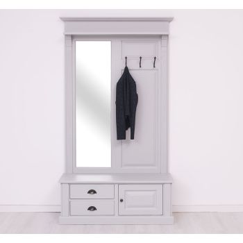 Cuier hol cu oglinda, 2 sertare, 1 dulap, Finisaj Gri Deschis Perlat, Lemn Masiv Brad, Colectia Rustic
