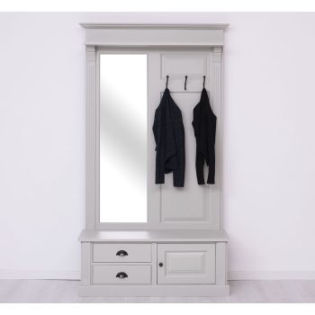 Cuier hol cu oglinda, 2 sertare, 1 dulap, Finisaj Gri Mediu, Lemn Masiv Brad, Colectia Rustic