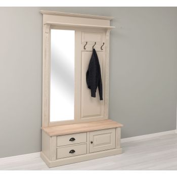 Cuier hol cu oglinda, 2 sertare, 1 dulap, Finisaj Bej Cald, Lemn Masiv Brad, Colectia Rustic