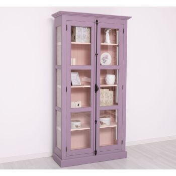 Vitrina sticla, 2 usi cu tija, Lila Pudrat, Antichizat, 109x40x210cm