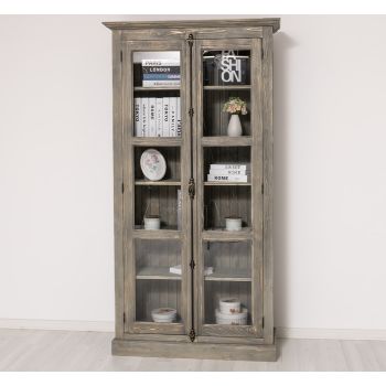 Vitrina sticla, 2 usi cu tija, Stejar Alb Spălat, Antichizat, 109x40x210cm