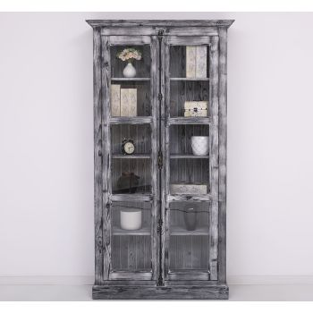 Vitrina sticla, 2 usi cu tija, Gri Deschis Spălat, Antichizat, 109x40x210cm