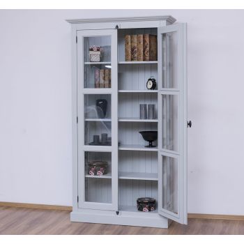 Vitrina sticla, 2 usi cu tija, Gri Cald Patinat, Antichizat, 109x40x210cm