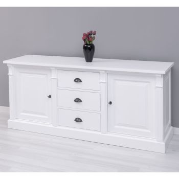 Bufet Bucatarie cu 2 usi, 3 sertare, Alb Pur, Lemn masiv, 2 Straturi de culori Antichizat, 179x51x78cm