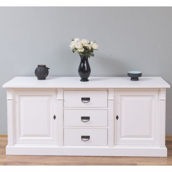 Bufet Bucatarie cu 2 usi, 3 sertare, Alb Vintage, Lemn masiv, 2 Straturi de culori Antichizat, 179x51x78cm