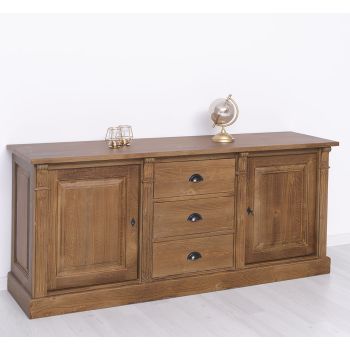 Bufet Bucatarie cu 2 usi, 3 sertare, Crem Vanilie, Lemn masiv, 2 Straturi de culori Antichizat, 179x51x78cm