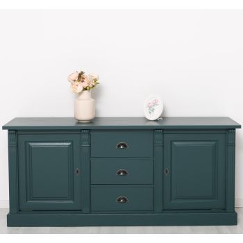 Bufet Bucatarie cu 2 usi, 3 sertare, Verde Petrol Închis, Lemn masiv, 2 Straturi de culori Antichizat, 179x51x78cm