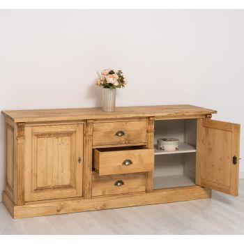 Bufet Bucatarie cu 2 usi, 3 sertare, Bej Cald, Lemn masiv, 2 Straturi de culori Antichizat, 179x51x78cm