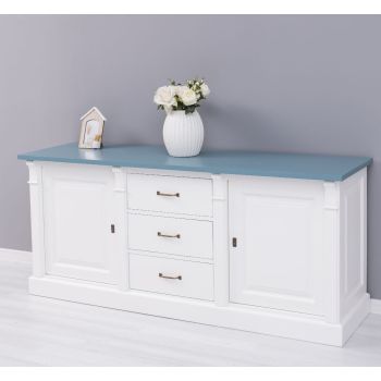 Bufet Bucatarie cu 2 usi, 3 sertare, Albastru Gri Vintage, Lemn masiv, 2 Straturi de culori Antichizat, 179x51x78cm