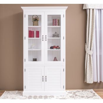Vitrina cu 2 usi + 2 usi sticla, Alb Pur, Lemn masiv, vopsit, 109x39x210cm