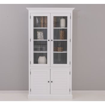 Vitrina cu 2 usi + 2 usi sticla, Alb Pur, Lemn masiv, vopsit, 109x39x210cm