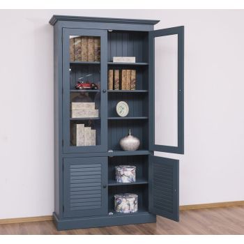Vitrina cu 2 usi + 2 usi sticla, Gri Albastru Închis, Lemn masiv, vopsit, 109x39x210cm