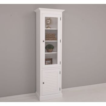 Vitrina ingusta, 1 usa + 1 usa sticla, Alb Pur, Lemn masiv, vopsit, 63x39x210cm