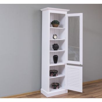 Vitrina ingusta, 1 usa + 1 usa sticla, Gri cu Alb, Lemn masiv, vopsit, 63x39x210cm