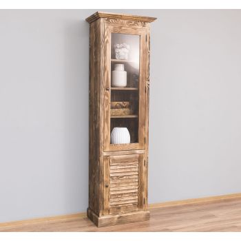 Vitrina ingusta, 1 usa + 1 usa sticla, Natur, Lemn masiv, vopsit, 63x39x210cm