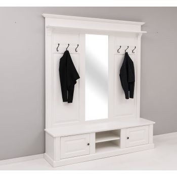 Cuier mare cu oglinda centrala, Finisaj Alb Vintage, Lemn Masiv Brad, Colectia Rustic
