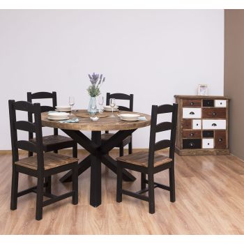 Set mobilier living - Masa cu suport X-Y, Scaun, Comoda 13 sertare multicolore, Finisaj Negru Mat, Lemn Masiv