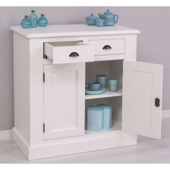 Comoda 2 usi 2 sertare, Finisaj Alb Vintage, Lemn Masiv Brad, Colectia Rustic