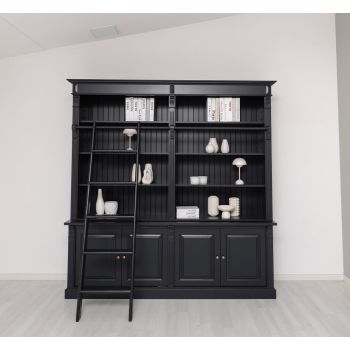 Set mobilier living - Vitrina 4 usi, Vitrina cu rafturi deschise, Scara pin 190cm, Finisaj Negru Mat, Lemn Masiv